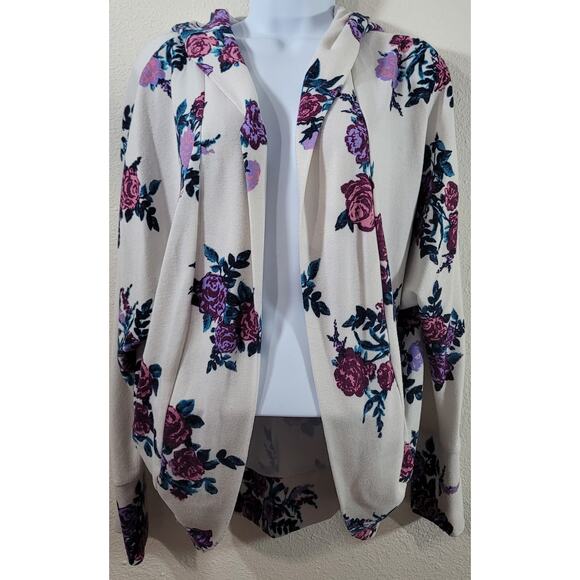 It's Our Time White Purple Floral Open Front Hooded Cardigan Sweater Large Soft - Picture 1 of 6